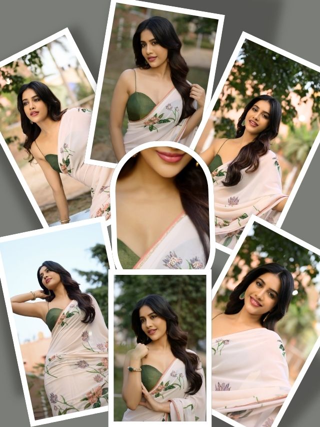 Nabha Natesh looks like a dream in this white floral saree paired with a chic olive-green corset blouse.