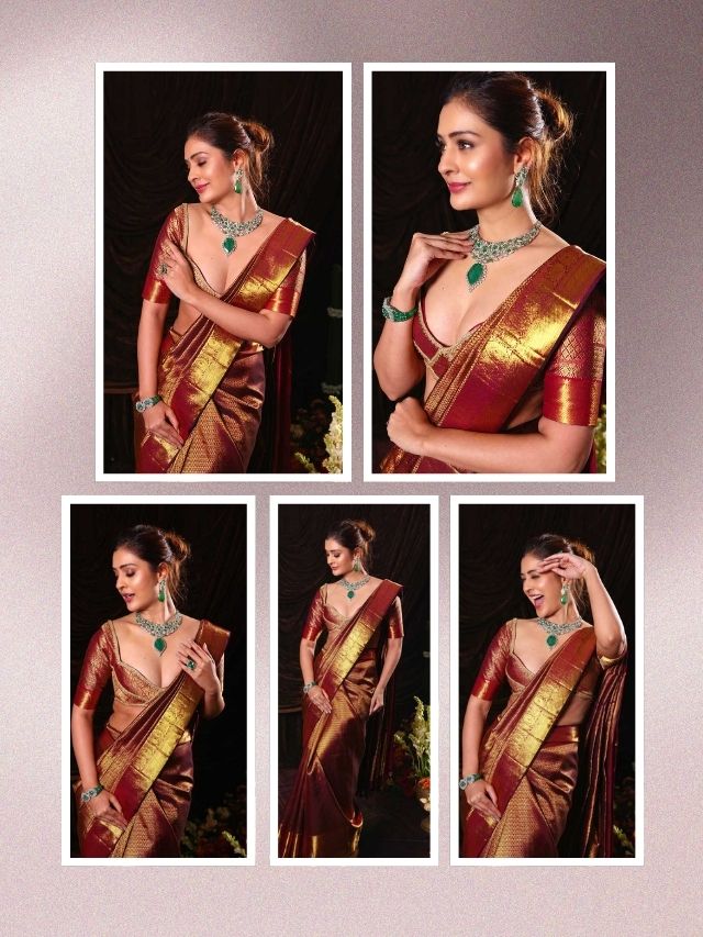 Payal Rajput stuns in a rich maroon and gold silk saree,