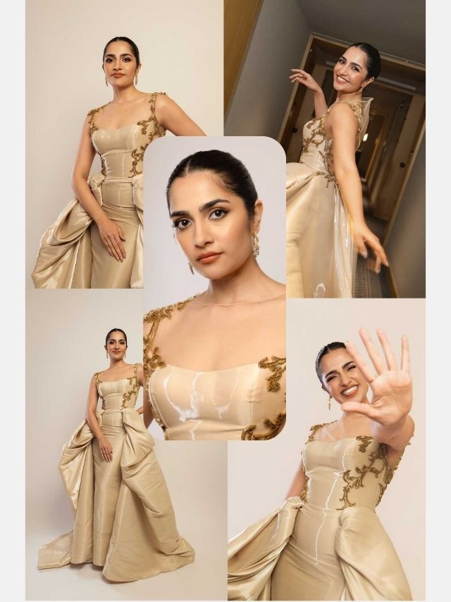 Rukmini Vasanth stuns in a regal golden gown, redefining modern glamour with timeless grace.