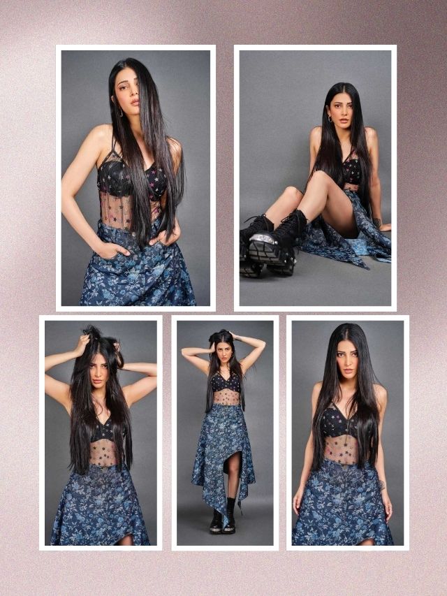 Shruti Haasan stuns in a chic black corset top paired with a flowy printed skirt—effortlessly blending edgy and elegant vibes.