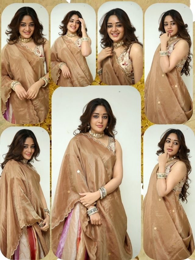 Deepshika Chandran dazzles in a shimmering beige saree that radiates timeless elegance and festive charm.