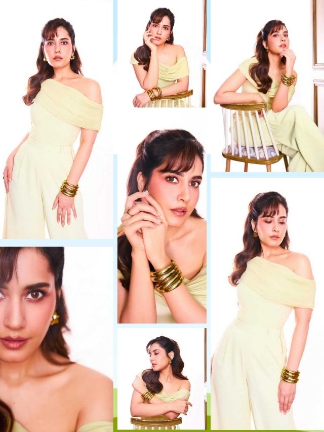 Raashi Khanna stuns in a soft pastel off-shoulder jumpsuit