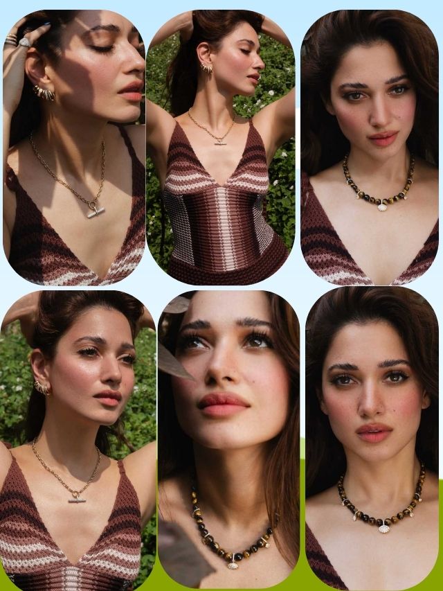 Tamannaah stuns in a chic crochet outfit, glowing effortlessly under the warm sunlight.
