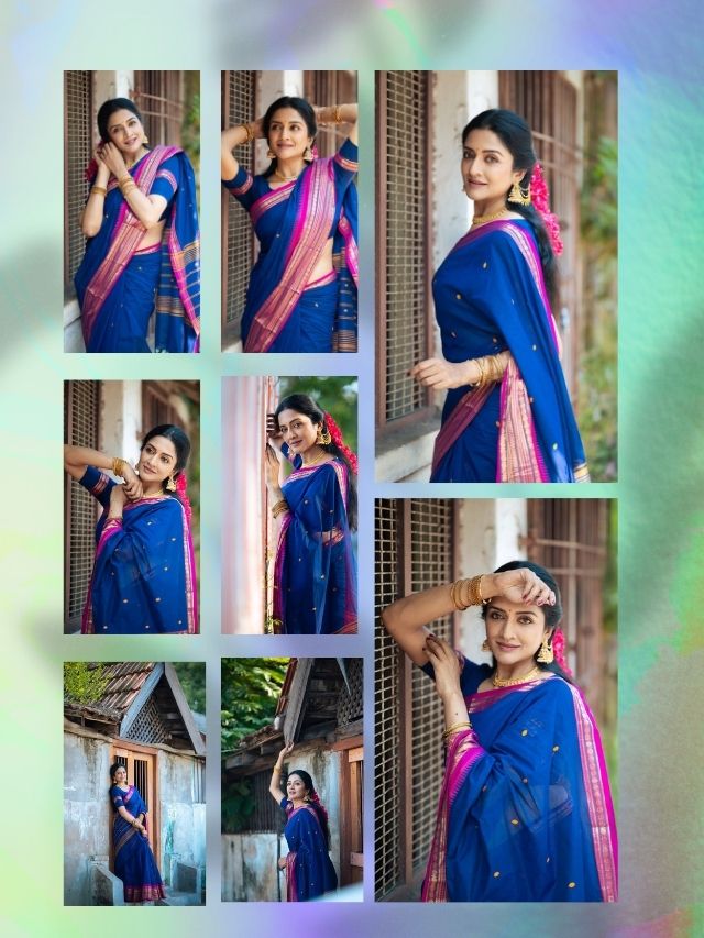 Vimala Raman defines grace in a stunning royal blue saree featuring intricate gold and pink borders.