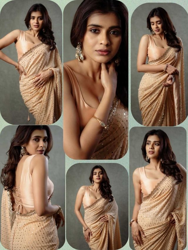Hebah Patel Stuns in a Shimmering Beige Saree