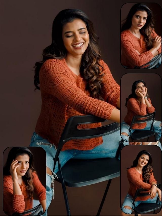 Aishwarya Rajesh looks effortlessly beautiful in a rust-orange knitted sweater and ripped denim,