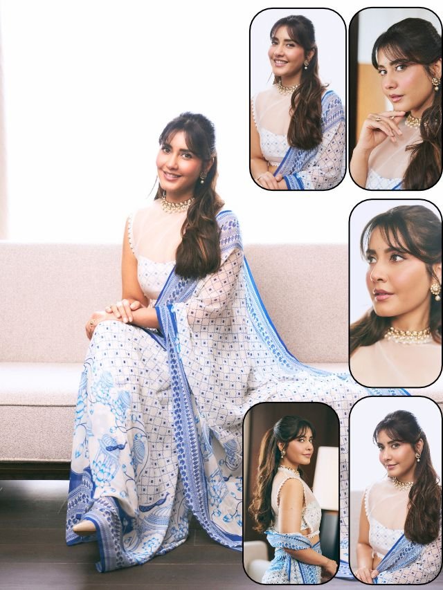 Raashii Khanna Looks Gorgeous in Elegant Blue-and-White Saree