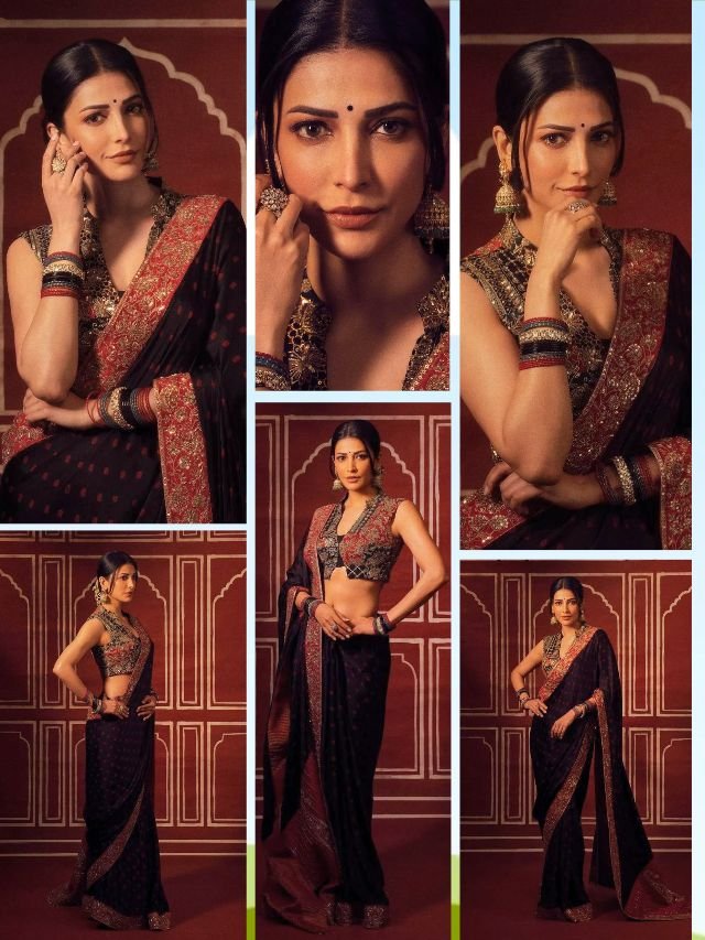 Shruti Haasan Looks Regal in Black & Crimson Saree